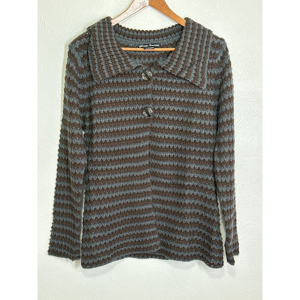 Simply Irresistible Cardigan Sweater S Blue Brown Striped 2 Button Preppy
